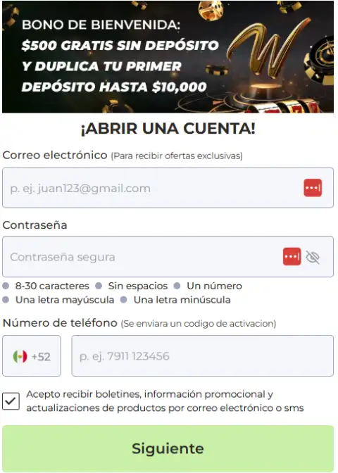 Registro y creación de una cuenta en Winpot